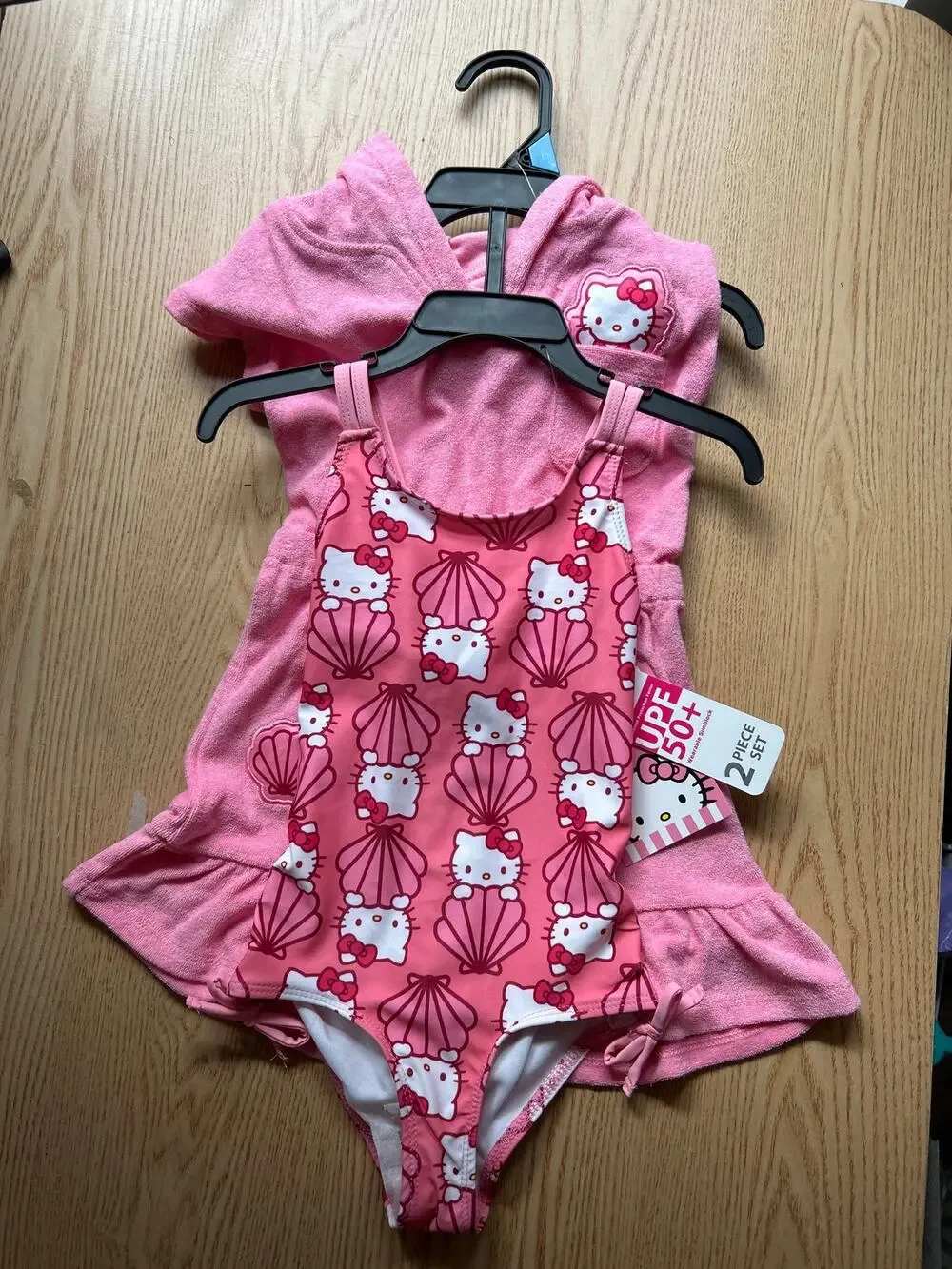 New Girls Hello Kitty 2pc Swimsuit & Terry Cloth Cover Up Dress UPF 50+ size 2T